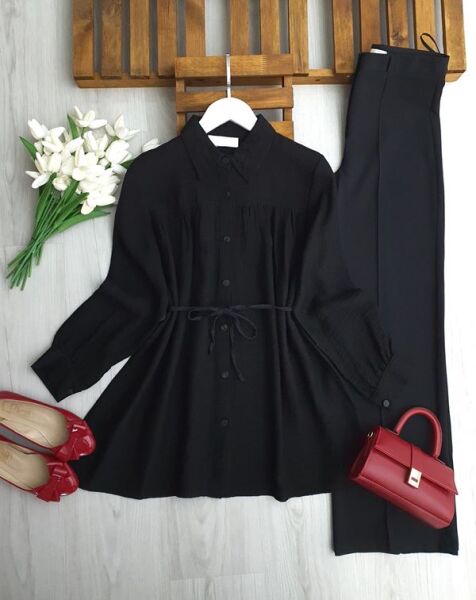 ALENE BELİ İPLİ SALAŞ GÖMLEK TUNİK B3-3-5664-01-SİYAH - 1