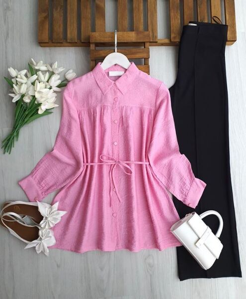 ALENE BELİ İPLİ SALAŞ GÖMLEK TUNİK B3-3-5664-05-PUDRA - 1