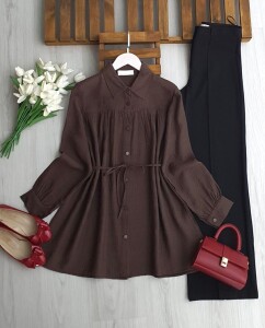 ALENE BELİ İPLİ SALAŞ GÖMLEK TUNİK B3-3-5664-37-KAHVE - 