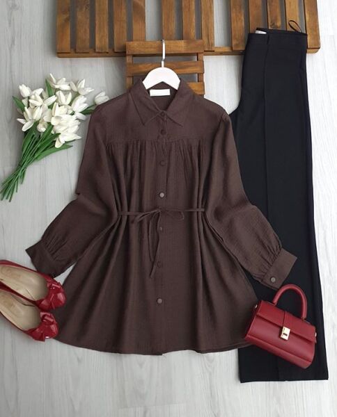 ALENE BELİ İPLİ SALAŞ GÖMLEK TUNİK B3-3-5664-37-KAHVE - 1