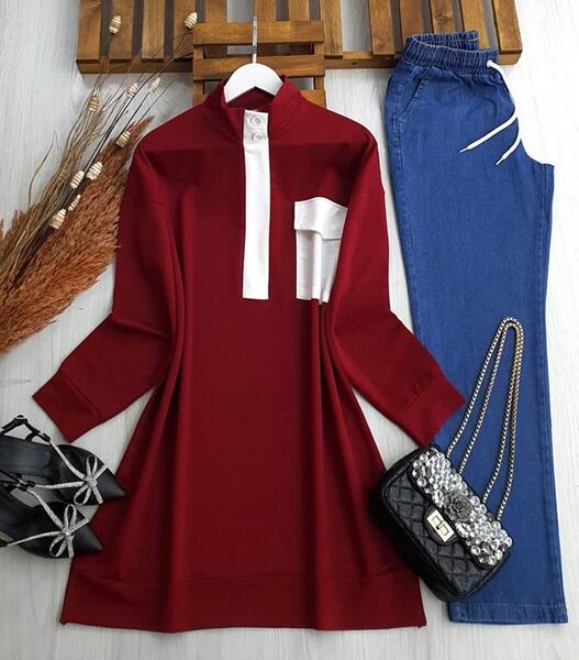 BEENA YAKASI PATLI DÜĞMELİ TEK CEPLİ TUNİK B9-5-5376-04-BORDO