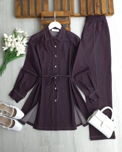 BUSYA ÖNÜ YIRTMAÇLI BELİ İPLİ KOT TAKIM 1740-18-MÜRDÜM - 