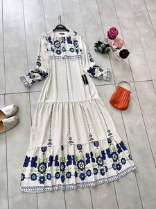 CANYA OTANTİK DESEN KETEN ELBİSE B4-2-2230-12-LACİVERT - Thumbnail