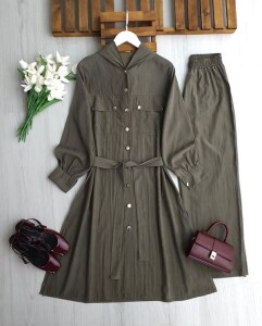 ÇİLENA TAM BOY KAP BOL PANTOLON TAKIM A3-3-1719-09-HAKİ - 