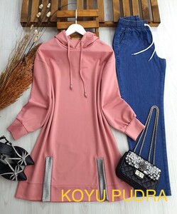  - EYCE PAYET YIRTMAÇLI KAPŞONLU TUNİK A1-4-5359-75-KOYU PUDRA