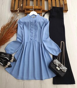  - GUSA FIRFIRLI DÜĞMELİ SALAŞ KETEN TUNİK B10-5-5314-13-BEBE MAVİSİ