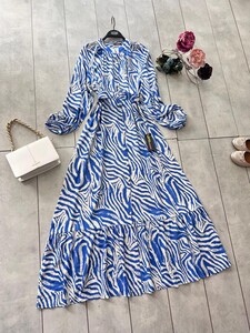  - HESA ZEBRA DESENLİ VE KEMERLİ HAKİM YAKA ELBİSE B11-1-2253-10-MAVİ