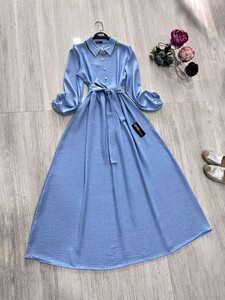 - HOQA YAKALI YARIM DÜĞMELİ KETEN ELBİSE B4-1-2229-13-BEBE MAVİSİ