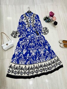  - HUAN DESENLİ YARIM DÜĞMELİ HAKİM YAKA SALAŞ ELBİSE B2-4-2277-14-SAKS MAVİSİ