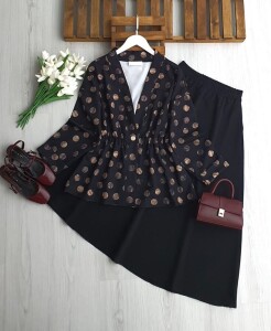 KUNFES TEK DÜĞME PUANTİYE DESEN CEKET ETEKLİ TAKIM B6-1-1730-01-SİYAH - 