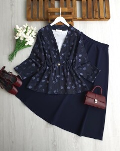 KUNFES TEK DÜĞME PUANTİYE DESEN CEKET ETEKLİ TAKIM B6-1-1730-12-LACİVERT - 