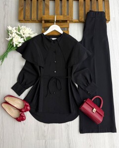 LENFE OMUZ PELERİN LOTUS GÖMLEK TUNİK A7-6-5681-01-SİYAH - 