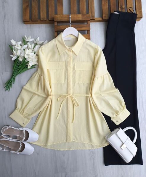 LONEH ÇİFT CEP GİZLİ PATLI GÖMLEK TUNİK B4-2-5666-23-SARI - 1