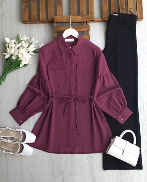 LONEH ÇİFT CEP GİZLİ PATLI GÖMLEK TUNİK B4-2-5666-61-ROSE - 1