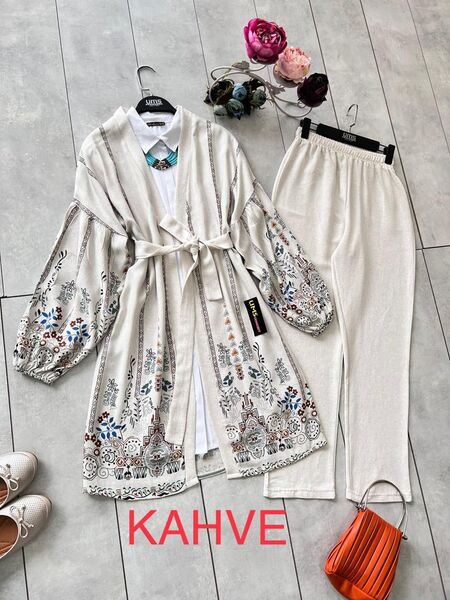 LOZA ETNİK KETEN KİMONO TAKIM B2-5-1450-37-KAHVE