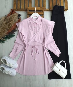 LUBAZ OMUZU ŞALLI BELİ İPLİ KETEN TUNİK A3-5-5683-05-PUDRA - 