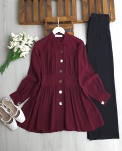 LUYBE BELİ DİKİŞLİ BÜYÜK DÜĞMELİ TUNİK B2-4-5696-04-BORDO - 