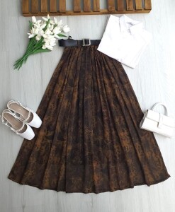 MALEL DUMAN DESENLİ DERİ KEMERLİ BELİ LASTİKLİ ASTARLI ŞİFON ETEK A7-5-6115-19-HARDAL - 