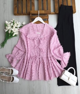 MATZEL ÖNÜ BAĞCIKLI PÜSKÜLLÜ KISA CEKET A6-6-3228-05-PUDRA - 