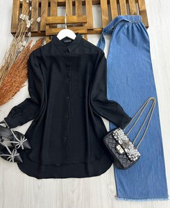  - MUGLE OVERSIZE TEK CEP KETEN GÖMLEK C4-5271-01-SİYAH