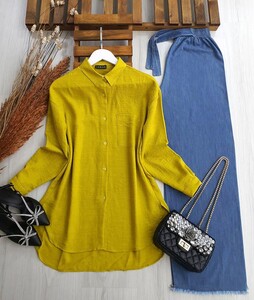  - MUGLE OVERSIZE TEK CEP KETEN GÖMLEK C4-5271-60-YAĞ YEŞİLİ