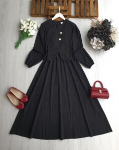 NENGA İKİ DÜĞMELİ CEKET BELİ LASTİKLİ ELBİSE TAKIM A6-4-2418-01-SİYAH - 