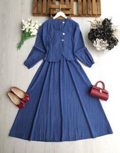 NENGA İKİ DÜĞMELİ CEKET BELİ LASTİKLİ ELBİSE TAKIM A6-4-2418-11-İNDİGO - 