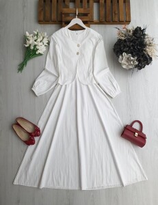 NENGA İKİ DÜĞMELİ CEKET BELİ LASTİKLİ ELBİSE TAKIM A6-4-2418-20-BEYAZ - 