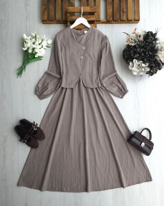 NENGA İKİ DÜĞMELİ CEKET BELİ LASTİKLİ ELBİSE TAKIM A6-4-2418-25-VİZON - 