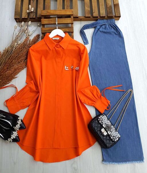 NOYSE KOLU BAĞLAMALI TAŞLI SALAŞ GÖMLEK B5-4-5268-15-ORANJ