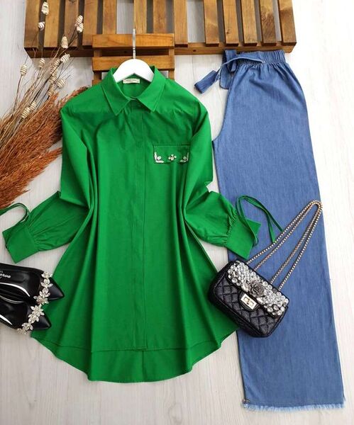 NOYSE KOLU BAĞLAMALI TAŞLI SALAŞ GÖMLEK B5-4-5268-54-BENETTON YEŞİLİ