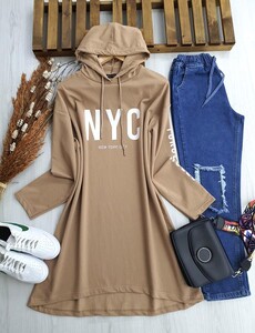  - NYC BASKILI KAPŞONLU SALAŞ TUNİK C1-5241-48-BİSKÜVİT