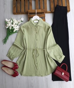 OLBEY ÜST DİKİŞLİ BELİ İPLİ SALAŞ GÖMLEK TUNİK A6-5-5690-07-YEŞİL - 