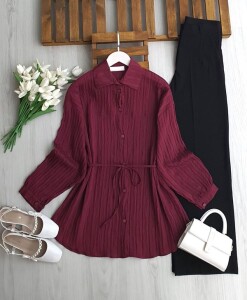 OLBEY ÜST DİKİŞLİ BELİ İPLİ SALAŞ GÖMLEK TUNİK A6-5-5690-18-MÜRDÜM - 