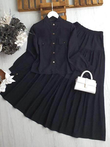 OLESA METAL DÜĞMELİ GÖMLEK KAT KAT ETEKLİ İKİLİ TAKIM A10-5-1615-01-SİYAH - 1