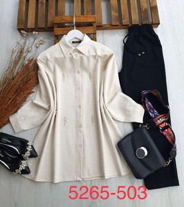  - ONNA TAŞLI VE İNCİLİ OVERSİZE KETEN GÖMLEK 5265-503-DESEN İNCİ