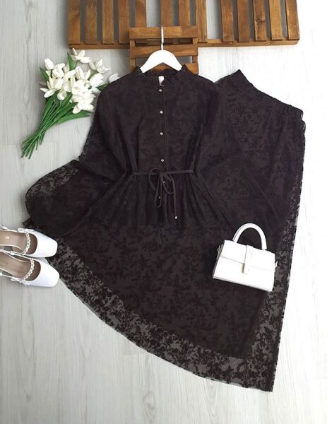 PESEN FLOK BASKILI ASTARLI TÜL ETEKLİ TAKIM 1739-37-KAHVE - 1