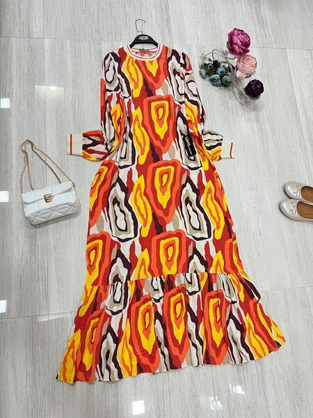 RİBANALI BATIK DESENLİ SALAŞ VİSKON ELBİSE B7-4-2285-03-KIRMIZI