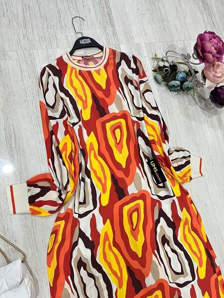 RİBANALI BATIK DESENLİ SALAŞ VİSKON ELBİSE B7-4-2285-03-KIRMIZI