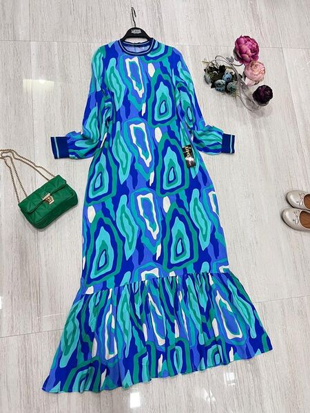 RİBANALI BATIK DESENLİ SALAŞ VİSKON ELBİSE B7-4-2285-07-YEŞİL