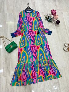RİBANALI BATIK DESENLİ SALAŞ VİSKON ELBİSE B7-4-2285-16-GÜL - Thumbnail