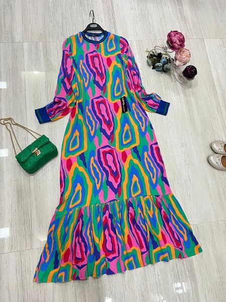 RİBANALI BATIK DESENLİ SALAŞ VİSKON ELBİSE B7-4-2285-16-GÜL