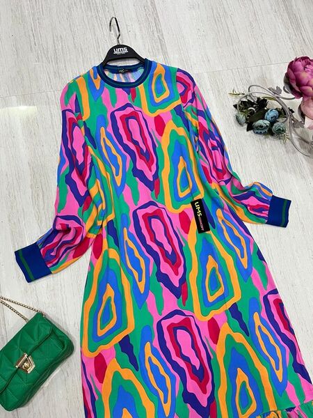 RİBANALI BATIK DESENLİ SALAŞ VİSKON ELBİSE B7-4-2285-16-GÜL