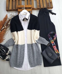  - SEUP ÜÇ RENK DİKEY ÖRGÜ TRİKO HIRKA B8-1-8052-01-SİYAH