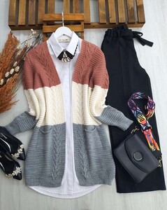  - SEUP ÜÇ RENK DİKEY ÖRGÜ TRİKO HIRKA B8-1-8052-16-GÜL