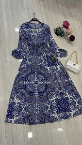  - TESVA ZAR DESENLİ BELİ TÜNEL BAĞCIKLI ELBİSE B11-2-2260-10-MAVİ