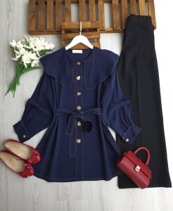 ULBIS BEBE YAKA ÇEŞİTLİ DÜĞMELİ KEMERLİ DİAGONAL CUPRA TUNİK KAP B2-1-5694-12-LACİVERT - 