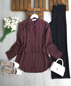 UZLE ALT FIRFIRLI BEYAZ ÇİZGİLİ GÖMLEK TUNİK B2-3-5692-04-BORDO - 