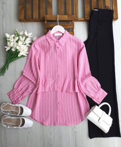 UZLE ALT FIRFIRLI BEYAZ ÇİZGİLİ GÖMLEK TUNİK B2-3-5692-05-PUDRA - 