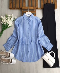 UZLE ALT FIRFIRLI BEYAZ ÇİZGİLİ GÖMLEK TUNİK B2-3-5692-10-MAVİ - 